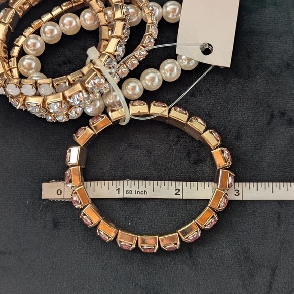 Pearl Rhinestone and Gold Crystal Bracelet Set Adjustable Stretchable Retro 90s - Picture 4 of 8